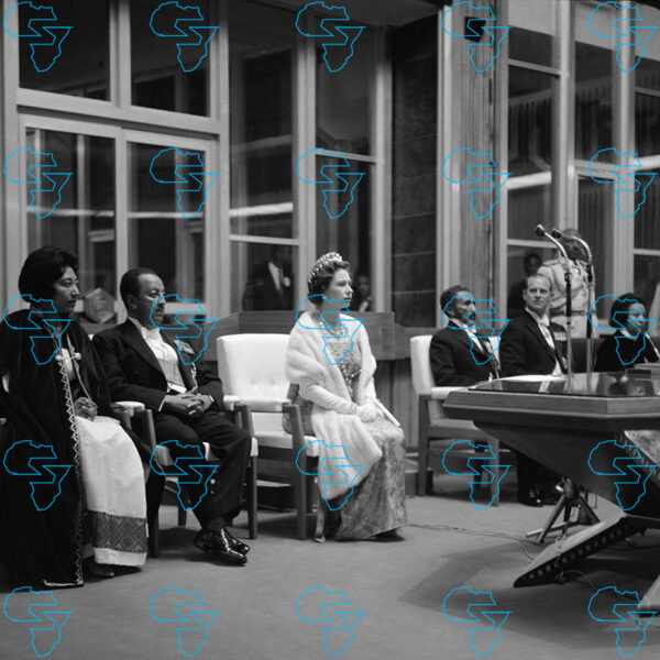 HIM Haile Selassie I, Queen Elizabeth II and Prince Philip, the Duke of Edinburgh listen to a speech by the Mayor of Addis Ababa.